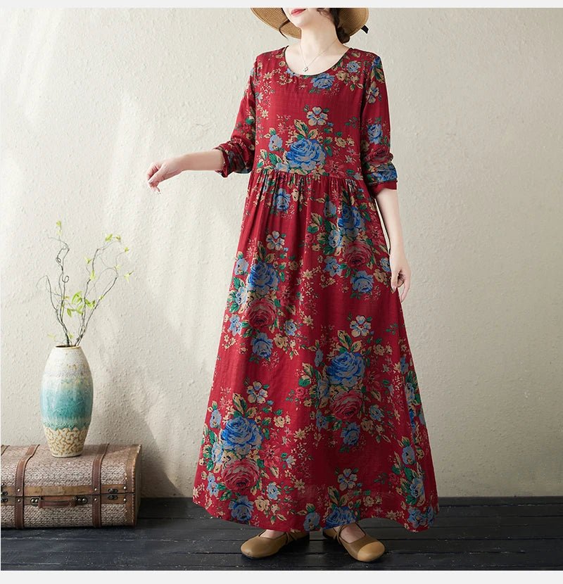 SaneShoppe-Boho Floral Print Maxi Dress for Women, Plus Size, Cotton Linen Loose Fit