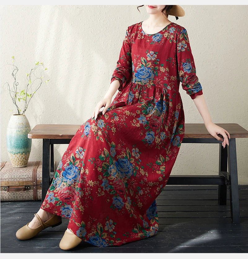 SaneShoppe-Boho Floral Print Maxi Dress for Women, Plus Size, Cotton Linen Loose Fit