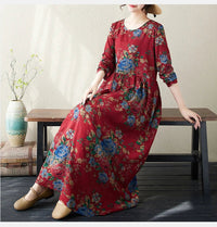 SaneShoppe-Boho Floral Print Maxi Dress for Women, Plus Size, Cotton Linen Loose Fit