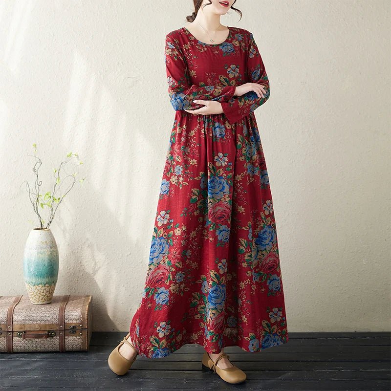 SaneShoppe-Boho Floral Print Maxi Dress for Women, Plus Size, Cotton Linen Loose Fit
