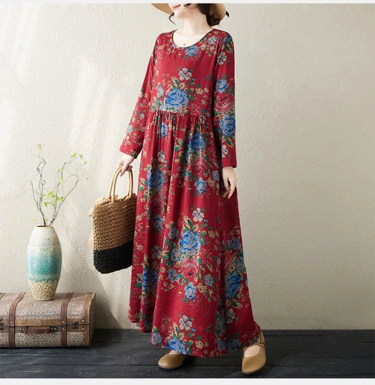 SaneShoppe-Boho Floral Print Maxi Dress for Women, Plus Size, Cotton Linen Loose Fit