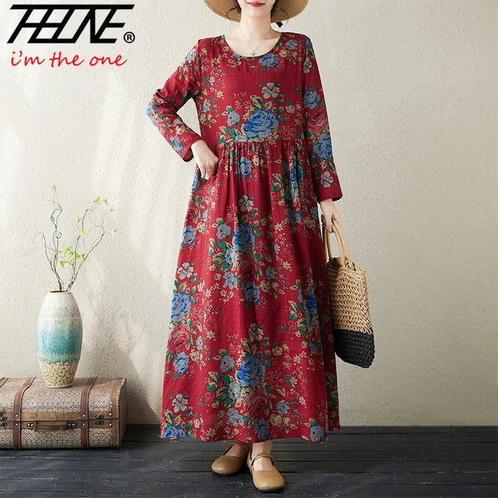 SaneShoppe-Boho Floral Print Maxi Dress for Women, Plus Size, Cotton Linen Loose Fit