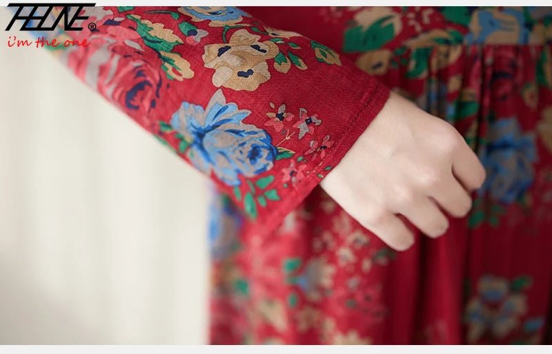 SaneShoppe-Boho Floral Print Maxi Dress for Women, Plus Size, Cotton Linen Loose Fit