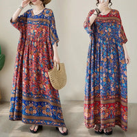 SaneShoppe-Silk Print Bohemian Long Dress for Plus Size Women - Floral Elegance