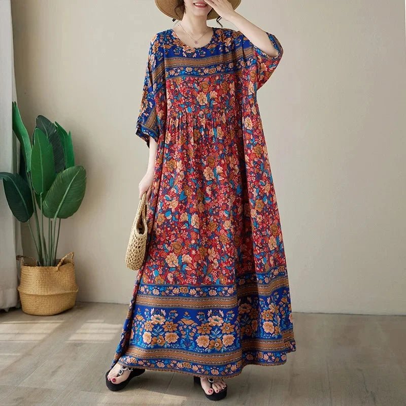 SaneShoppe-Silk Print Bohemian Long Dress for Plus Size Women - Floral Elegance
