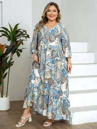 SaneShoppe - Plus Size Women's Blue - Brown Ethnic Paisley Print V - Neck Half Sleeve Tie Waist Dress