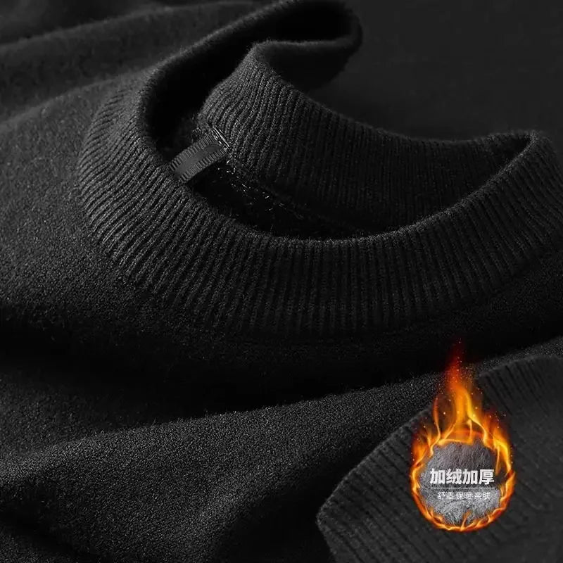 SaneShoppe-Men's Plush Knitted Turtleneck Sweater with Velvet Padding - Cozy Winter Pullover