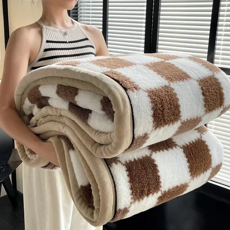 SaneShoppe - Plush Warm Winter Blanket A Grade Plaid Coral Fleece Soft Thick Bed Blankets for Sofa Single Double Couple Furry Bedspread