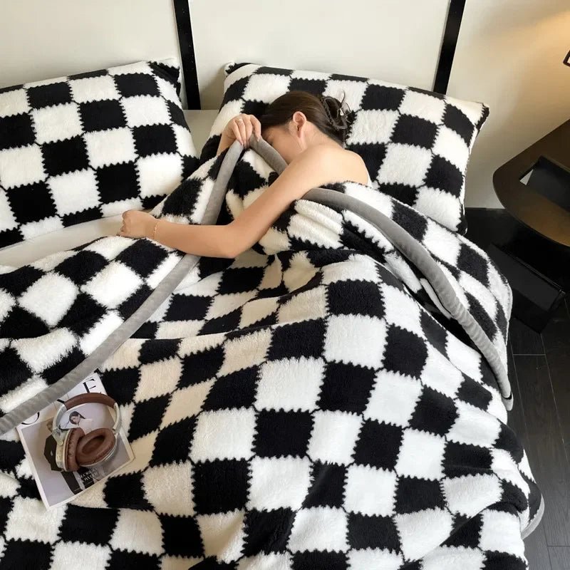 SaneShoppe - Plush Warm Winter Blanket A Grade Plaid Coral Fleece Soft Thick Bed Blankets for Sofa Single Double Couple Furry Bedspread