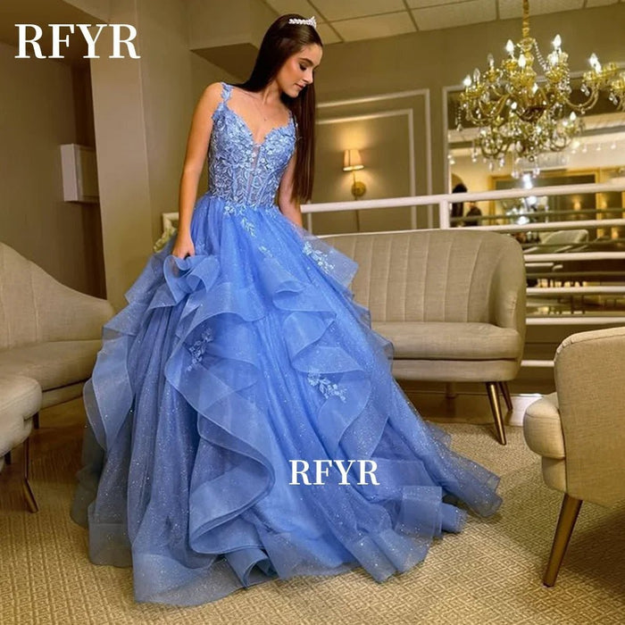 SaneShoppe - RFYR A Line Evening Dresses Lace Prom Dress Multilayers Elegant Princess Gown Applique Party Gown فساتين مناسبة رسمية Customized