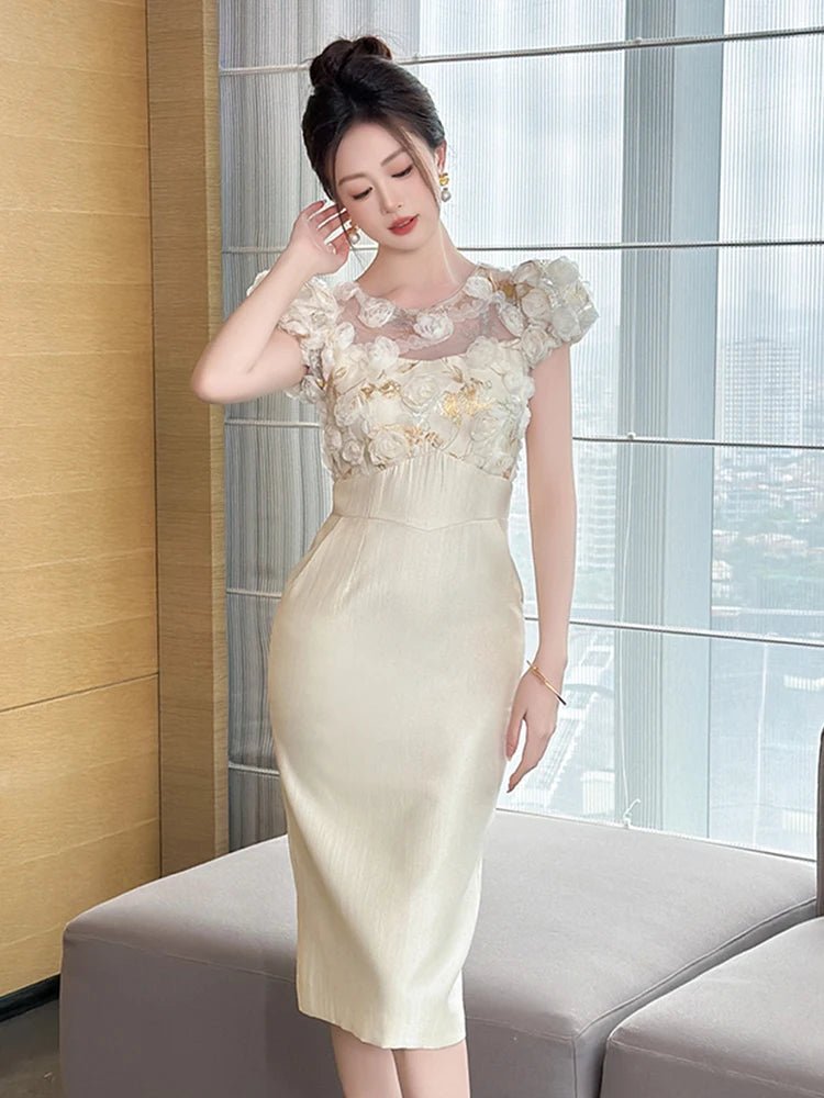 SaneShoppe - Summer Elegant Luxury Gown Evening Dress Women Clothes Sweet Floral Sheer Sexy Puff Sleeve Midi Party Birthday Vestidos Fiesta