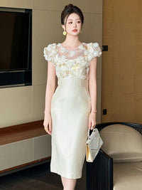 SaneShoppe - Summer Elegant Luxury Gown Evening Dress Women Clothes Sweet Floral Sheer Sexy Puff Sleeve Midi Party Birthday Vestidos Fiesta