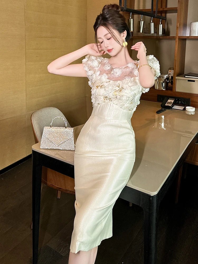 SaneShoppe - Summer Elegant Luxury Gown Evening Dress Women Clothes Sweet Floral Sheer Sexy Puff Sleeve Midi Party Birthday Vestidos Fiesta