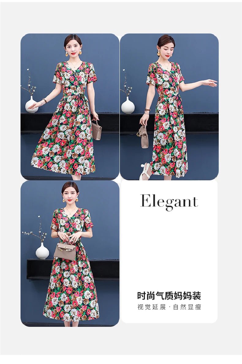 SaneShoppe-Vintage V-Neck Summer Dresses for Women - Casual Short Sleeve Sundresses