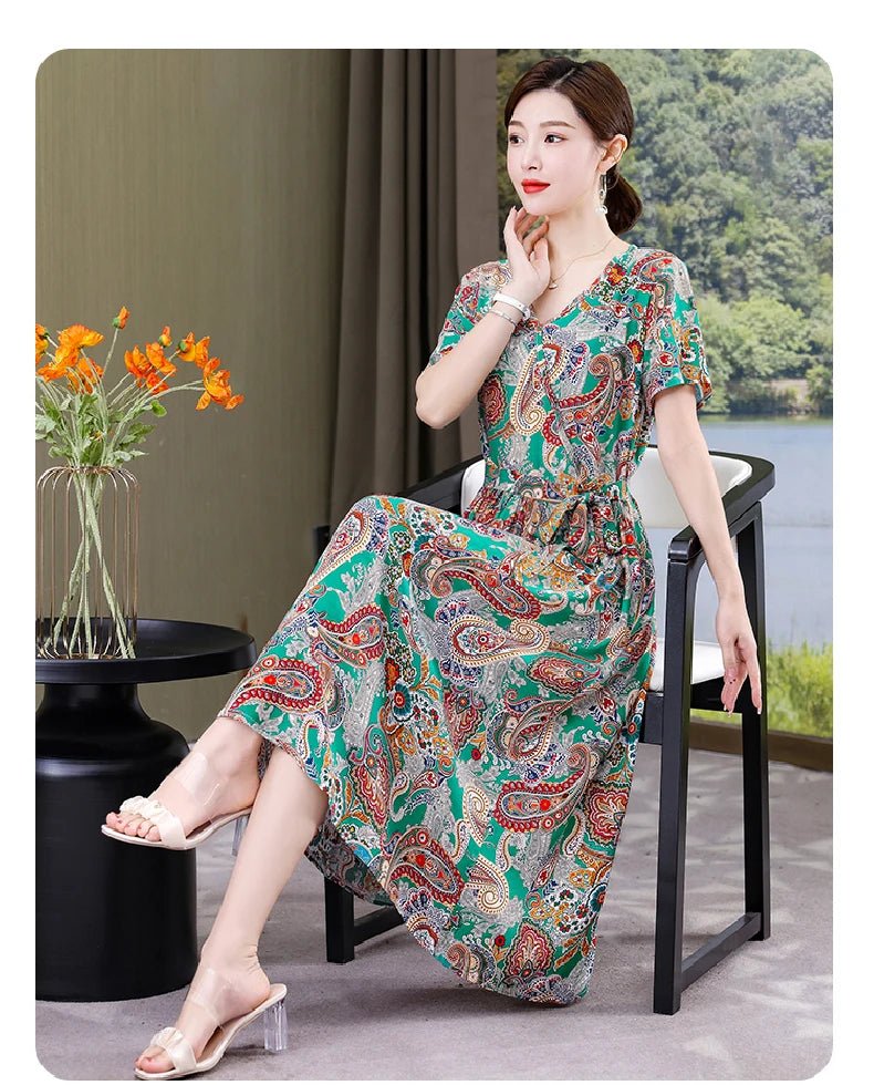 SaneShoppe-Vintage V-Neck Summer Dresses for Women - Casual Short Sleeve Sundresses