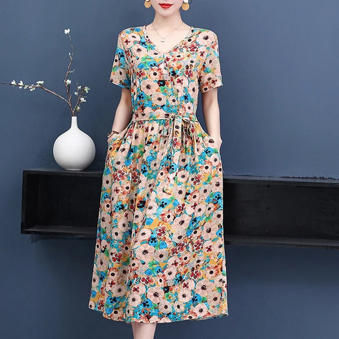 SaneShoppe-Vintage V-Neck Summer Dresses for Women - Casual Short Sleeve Sundresses
