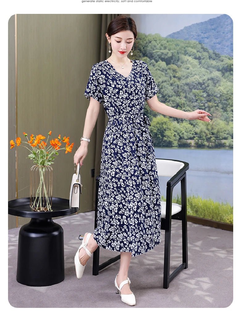 SaneShoppe-Vintage V-Neck Summer Dresses for Women - Casual Short Sleeve Sundresses