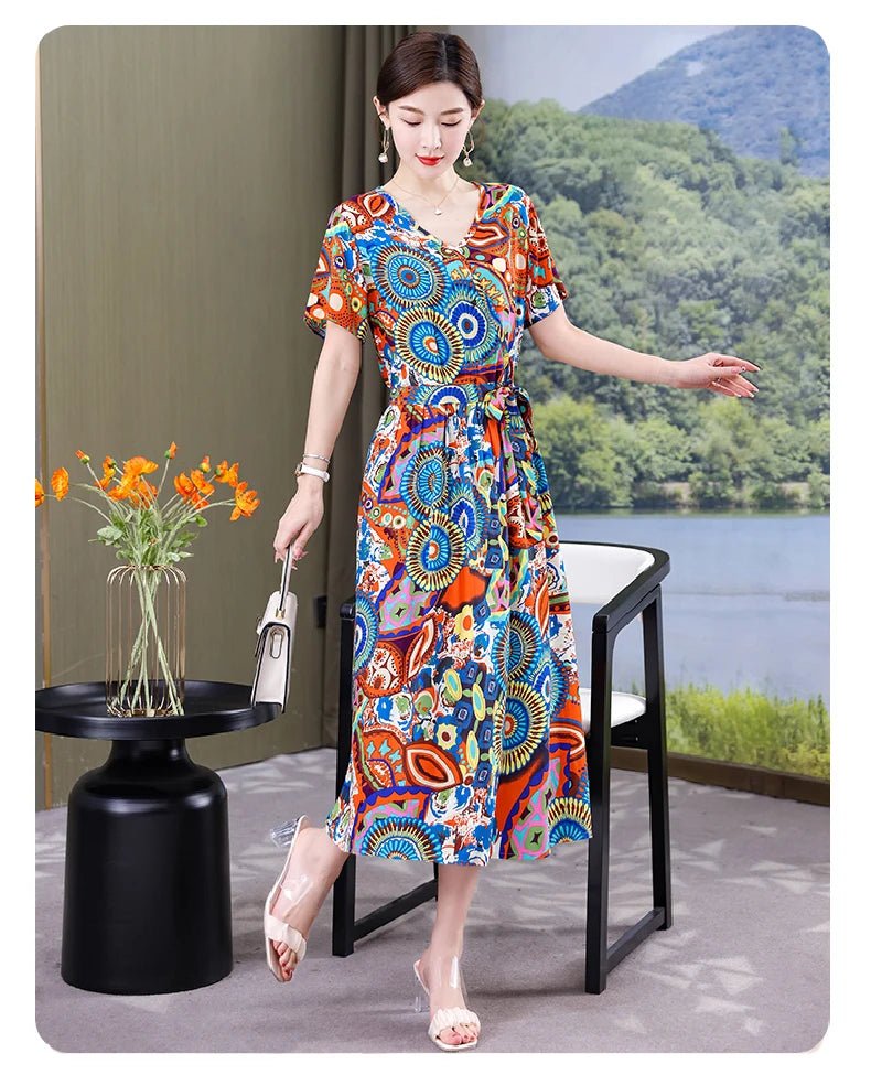 SaneShoppe-Vintage V-Neck Summer Dresses for Women - Casual Short Sleeve Sundresses