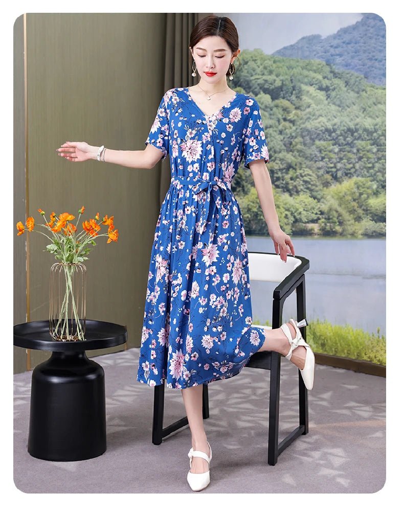 SaneShoppe-Vintage V-Neck Summer Dresses for Women - Casual Short Sleeve Sundresses
