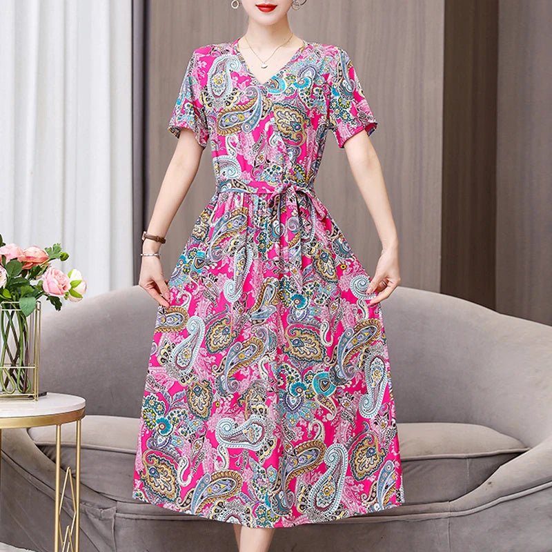 SaneShoppe-Vintage V-Neck Summer Dresses for Women - Casual Short Sleeve Sundresses