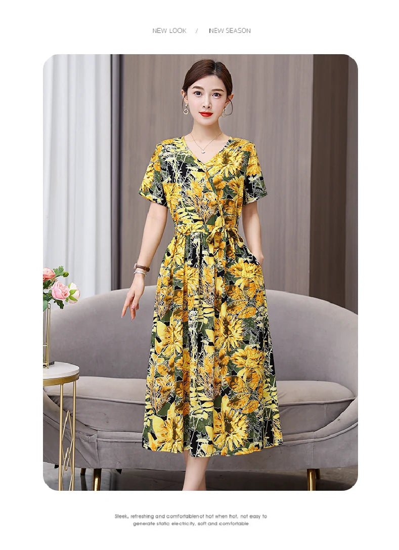 SaneShoppe-Vintage V-Neck Summer Dresses for Women - Casual Short Sleeve Sundresses