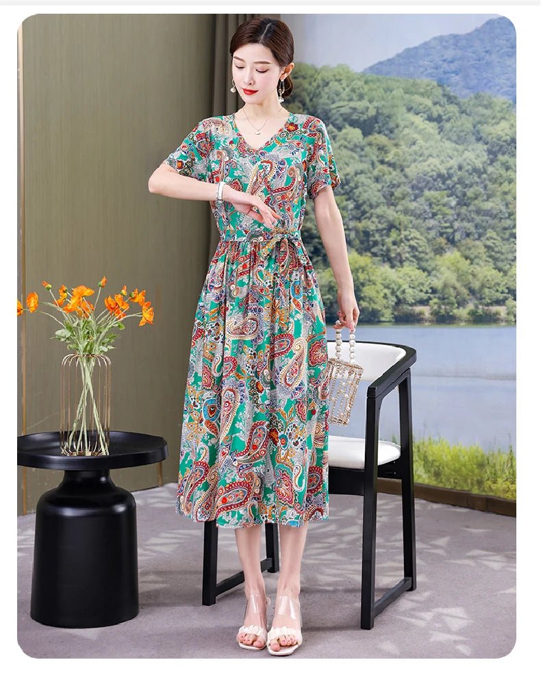 SaneShoppe-Vintage V-Neck Summer Dresses for Women - Casual Short Sleeve Sundresses