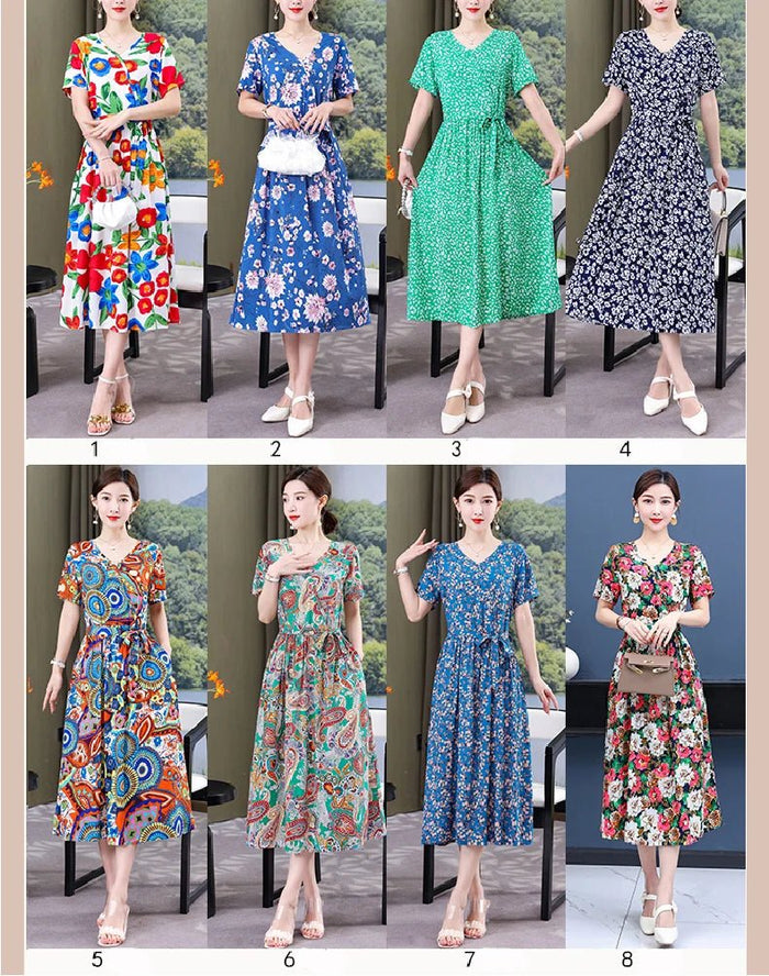 SaneShoppe-Vintage V-Neck Summer Dresses for Women - Casual Short Sleeve Sundresses