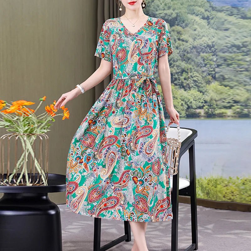 SaneShoppe-Vintage V-Neck Summer Dresses for Women - Casual Short Sleeve Sundresses