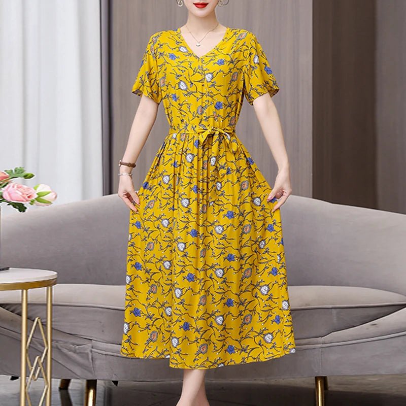 SaneShoppe-Vintage V-Neck Summer Dresses for Women - Casual Short Sleeve Sundresses
