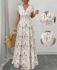 SaneShoppe - Summer Women's V - neck Dress Short - sleeved High - waisted Plant Print Simple Fashion Holiday Casual Long Dress for Female