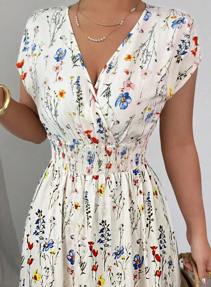 SaneShoppe - Summer Women's V - neck Dress Short - sleeved High - waisted Plant Print Simple Fashion Holiday Casual Long Dress for Female