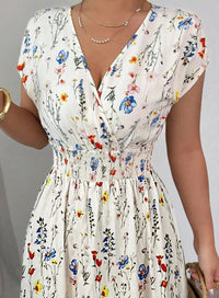 SaneShoppe - Summer Women's V - neck Dress Short - sleeved High - waisted Plant Print Simple Fashion Holiday Casual Long Dress for Female