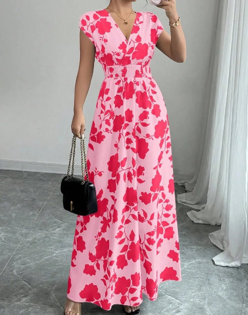 SaneShoppe - Summer Women's V - neck Dress Short - sleeved High - waisted Plant Print Simple Fashion Holiday Casual Long Dress for Female