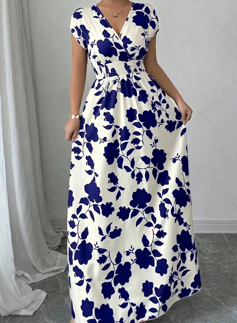 SaneShoppe - Summer Women's V - neck Dress Short - sleeved High - waisted Plant Print Simple Fashion Holiday Casual Long Dress for Female