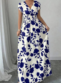 SaneShoppe - Summer Women's V - neck Dress Short - sleeved High - waisted Plant Print Simple Fashion Holiday Casual Long Dress for Female