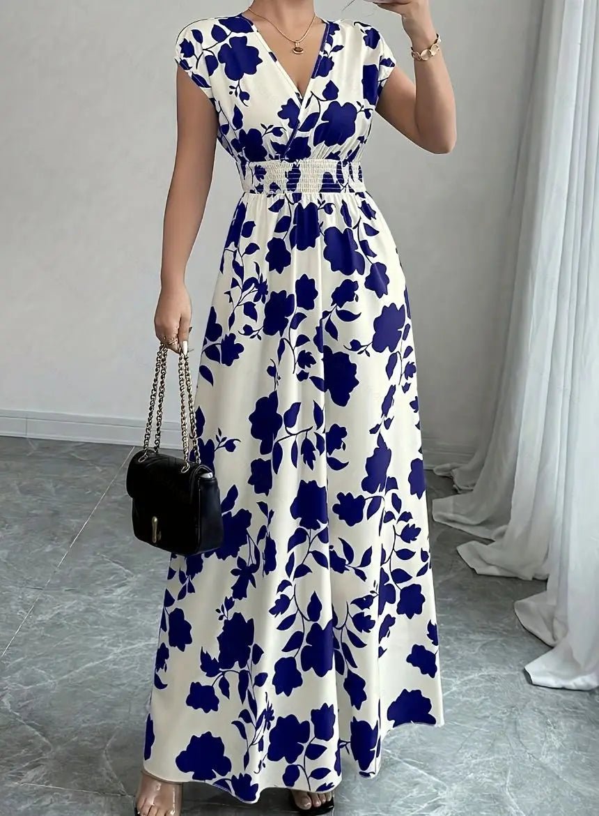 SaneShoppe - Summer Women's V - neck Dress Short - sleeved High - waisted Plant Print Simple Fashion Holiday Casual Long Dress for Female
