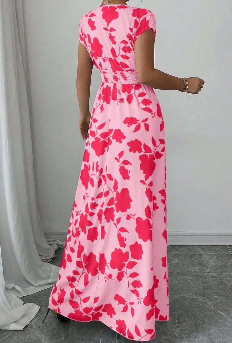 SaneShoppe - Summer Women's V - neck Dress Short - sleeved High - waisted Plant Print Simple Fashion Holiday Casual Long Dress for Female