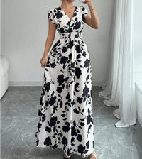 SaneShoppe - Summer Women's V - neck Dress Short - sleeved High - waisted Plant Print Simple Fashion Holiday Casual Long Dress for Female