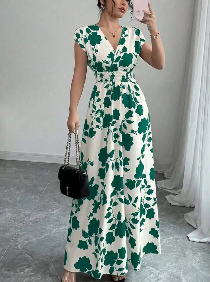 SaneShoppe - Summer Women's V - neck Dress Short - sleeved High - waisted Plant Print Simple Fashion Holiday Casual Long Dress for Female