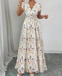 SaneShoppe - Summer Women's V - neck Dress Short - sleeved High - waisted Plant Print Simple Fashion Holiday Casual Long Dress for Female
