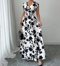 SaneShoppe - Summer Women's V - neck Dress Short - sleeved High - waisted Plant Print Simple Fashion Holiday Casual Long Dress for Female