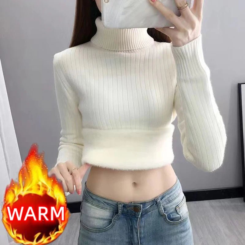 SaneShoppe-Elegant Velvet Lined Turtleneck Sweater Women Warm Winter Top