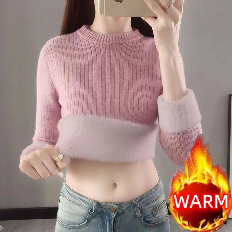 SaneShoppe-Elegant Velvet Lined Turtleneck Sweater Women Warm Winter Top