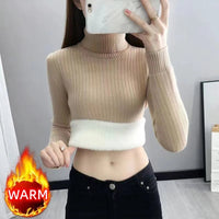 SaneShoppe-Elegant Velvet Lined Turtleneck Sweater Women Warm Winter Top