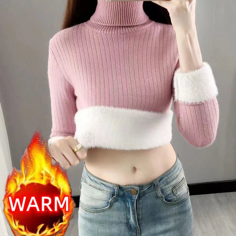 SaneShoppe-Elegant Velvet Lined Turtleneck Sweater Women Warm Winter Top