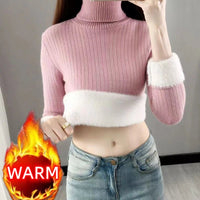 SaneShoppe-Elegant Velvet Lined Turtleneck Sweater Women Warm Winter Top