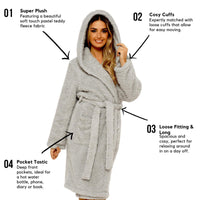 SaneShoppe - Ultra - Soft Women's Grey Hooded Teddy Fleece Bath Robe Perfect for Lounging and Post - Shower Comfort Available in Sizes Small to X Large by Daisy Dreamer