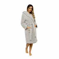 SaneShoppe - Ultra - Soft Women's Grey Hooded Teddy Fleece Bath Robe Perfect for Lounging and Post - Shower Comfort Available in Sizes Small to X Large by Daisy Dreamer