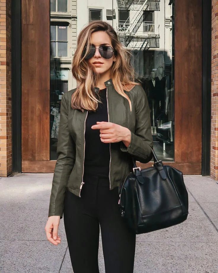 SaneShoppe-Vintage Women PU Leather Bomber Jacket Zipper Windbreaker Streetwear Y2K Blazer Fashion