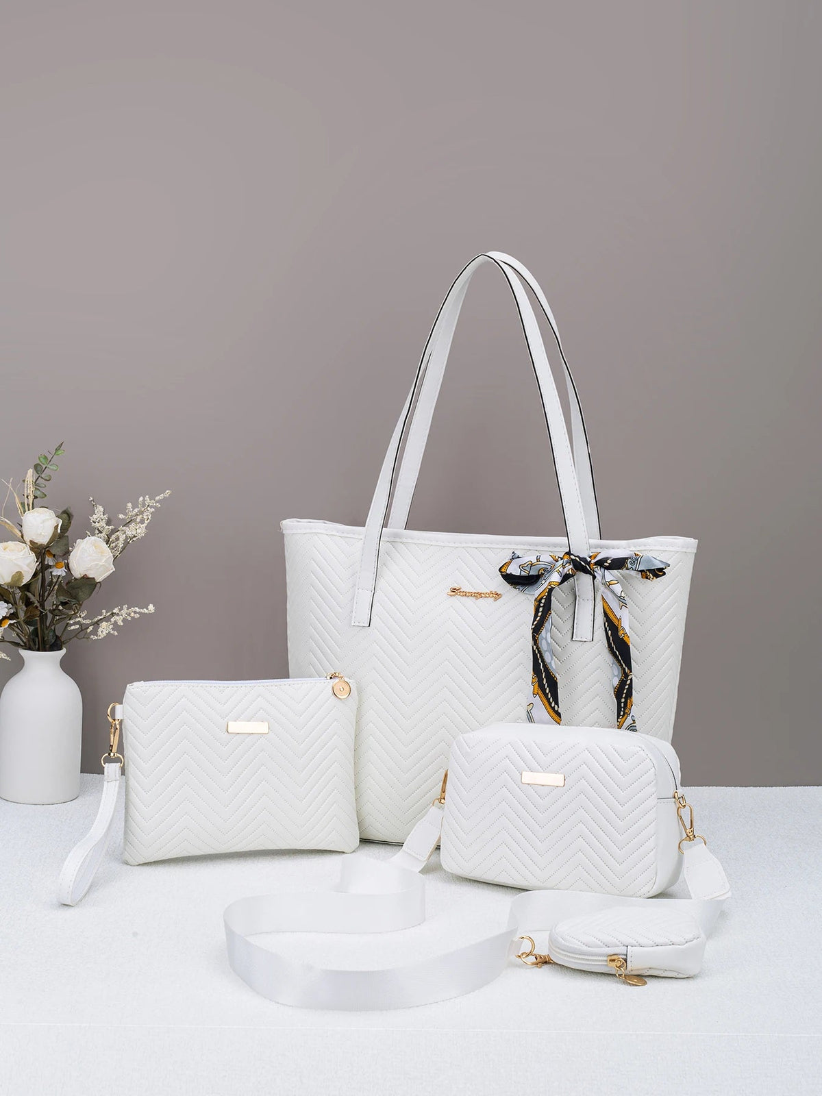 SaneShoppe - Wave pattern daily commuting large capacity tote bag handbag four piece set fashion trend personality change camera bag